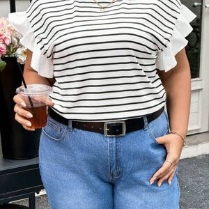 Striped Ruffle Sleeve Top White Black Size 16/2Xl